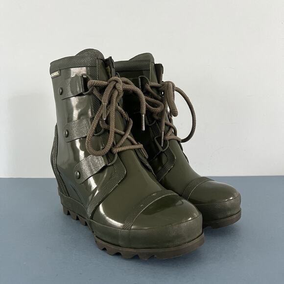 Sorel Joan Rain Wedge Gloss Green Waterproof Rubber Lace Up Boots - Picture 1 of 9
